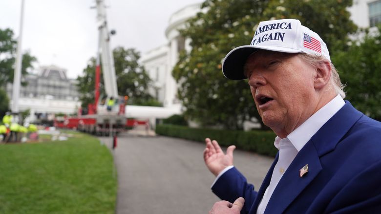 President Donald Trump speaks as a flag pole is installed on the South Lawn of the White House, Wednesday, June 18, 2025, in Washington. (AP Photo/Evan Vucci)