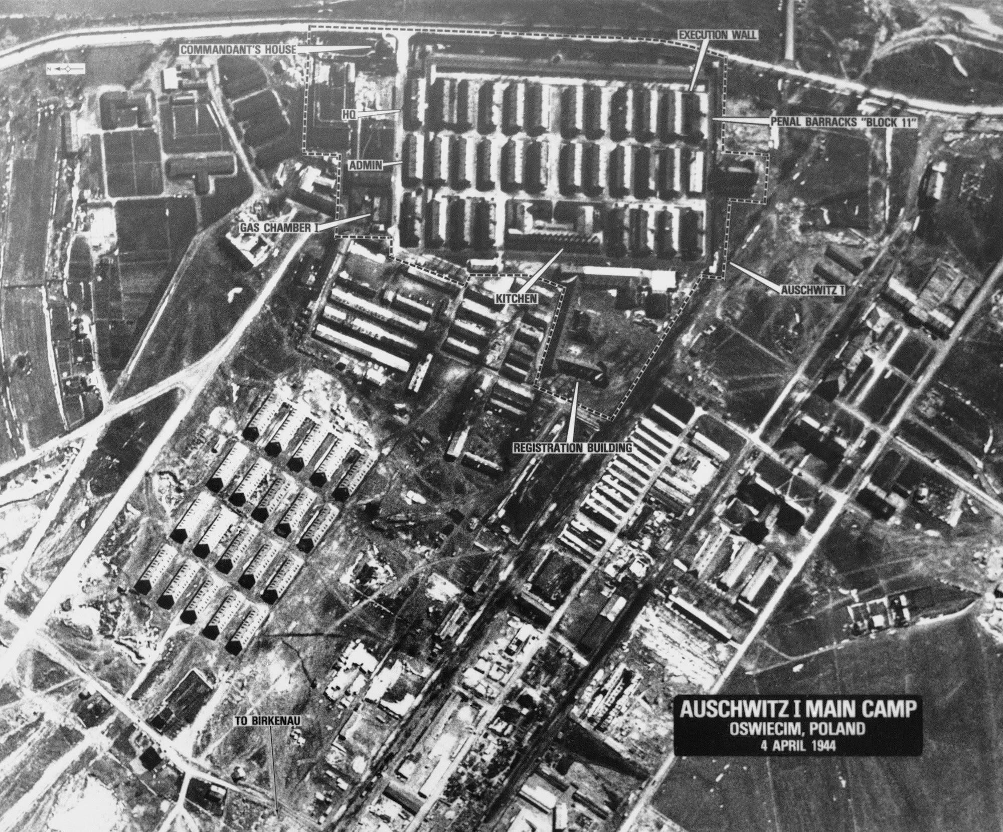 This aerial photo shows the layout of the Auschwitz I camp in April 1944.