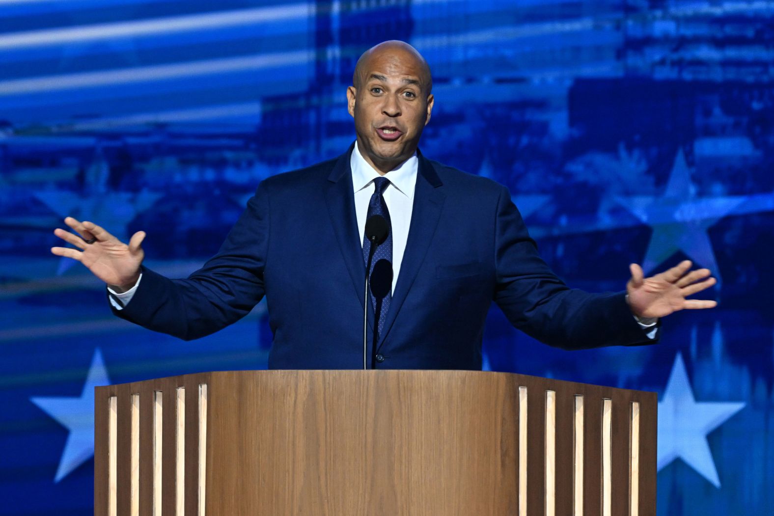 US Sen. Cory Booker <a href="https://www.cnn.com/politics/live-news/dnc-democratic-national-convention-08-21-24#h_bda1143bc22ae92aaad1eda90cc99364">speaks at the convention</a> on Wednesday. He said the third night of the convention was “about freedom” before introducing a group of speakers to talk for reproductive rights.