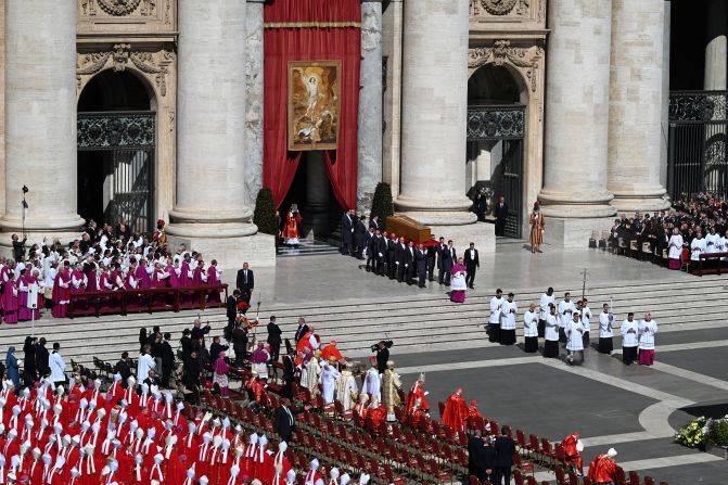 The coffin of Pope Francis is carried into St. Peter’s Square at the start of his funeral on Saturday, April 26.