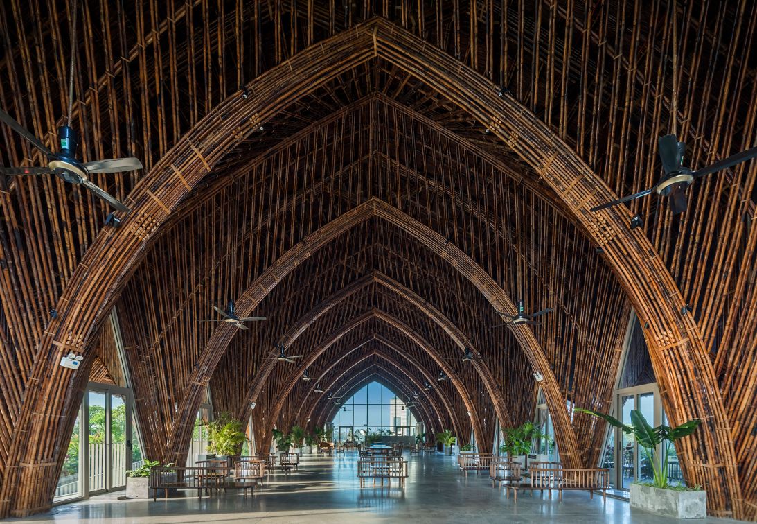 Casamia Community House features a vaulted bamboo canopy that has withstood tropical cyclones.