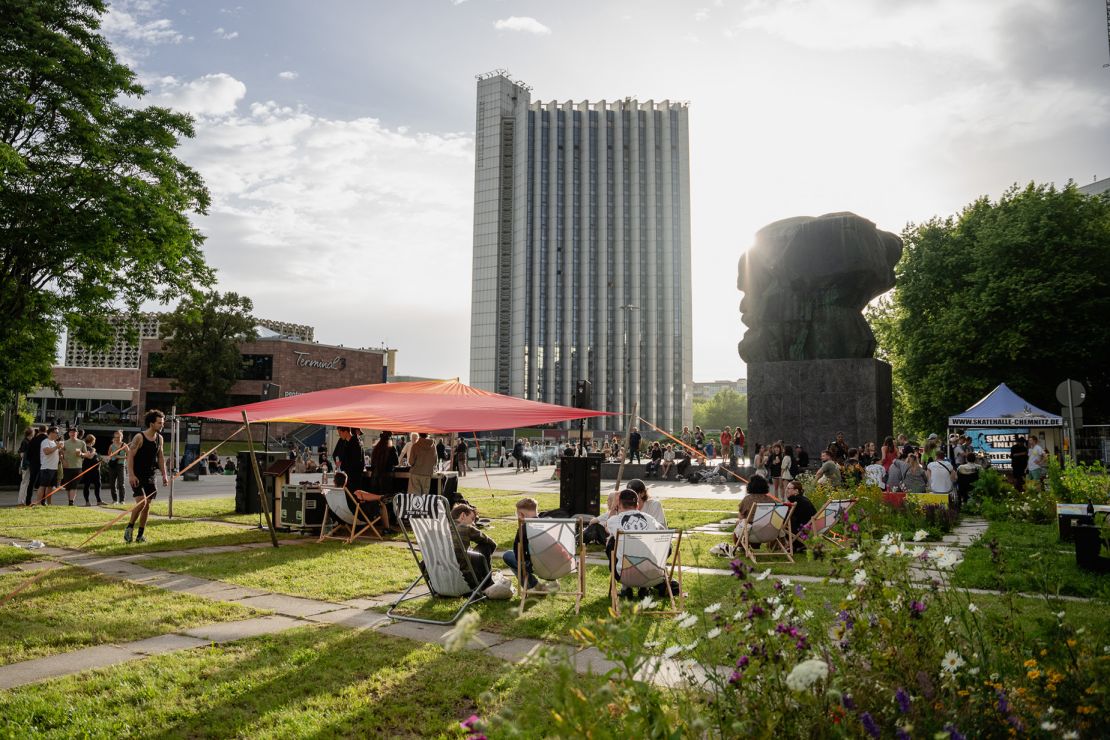 A giant bronze bust of Karl Marx looks over cultural events in the heart of Chemnitz in eastern Germany.