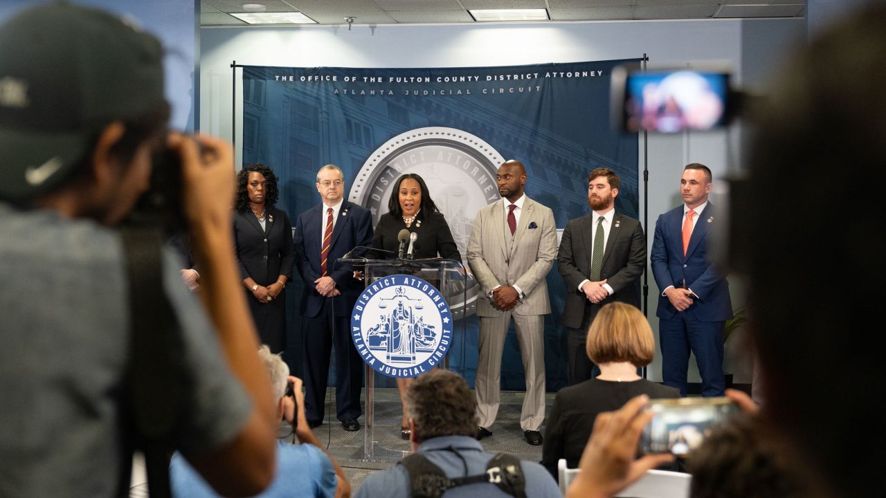 Fulton County District Attorney Fani Willis speaks at a news conference at the Fulton County Government building on August 14, 2023 in Atlanta, Georgia.