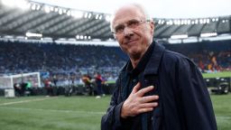 Sven-G?ran Eriksson greets Lazio fans before a match against Roma on March 19, 2023 in Rome, Italy.