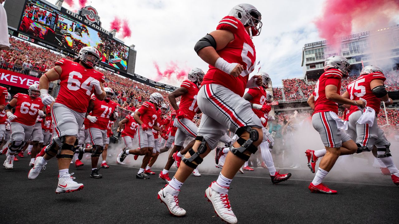 COLUMBUS, OHIO - SEPTEMBER 9: The Ohio State Buckeyes run out onto the field before the start of the game against the Youngstown State Penguins at Ohio Stadium on September 9, 2023 in Columbus, Ohio. (Photo by Lauren Leigh Bacho/Getty Images)