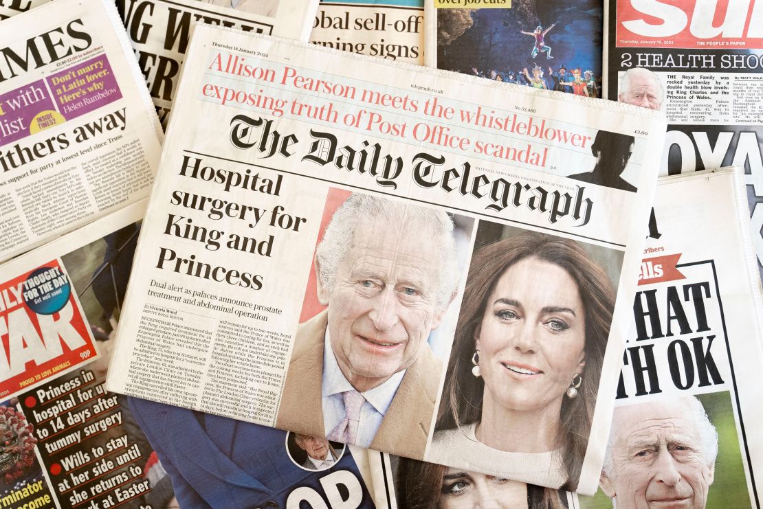 A selection of front pages from UK daily national newspaper coverage of King Charles and Catherine, Princess of Wales in January.