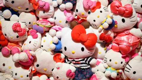 A display of "Hello Kitty" items are seen at a press preview of the "CUTE" exhibition at Somerset House in London, England,  on January 24, 2024.