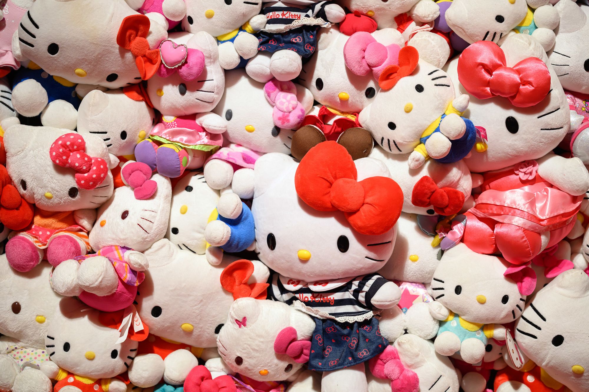 A display of "Hello Kitty" items are seen at a press preview of the "CUTE" exhibition at Somerset House in London, England,  on January 24, 2024.