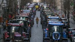 Montoyer street is blocked by tractors during a farmers protest on February 1 in Brussels, Belgium.