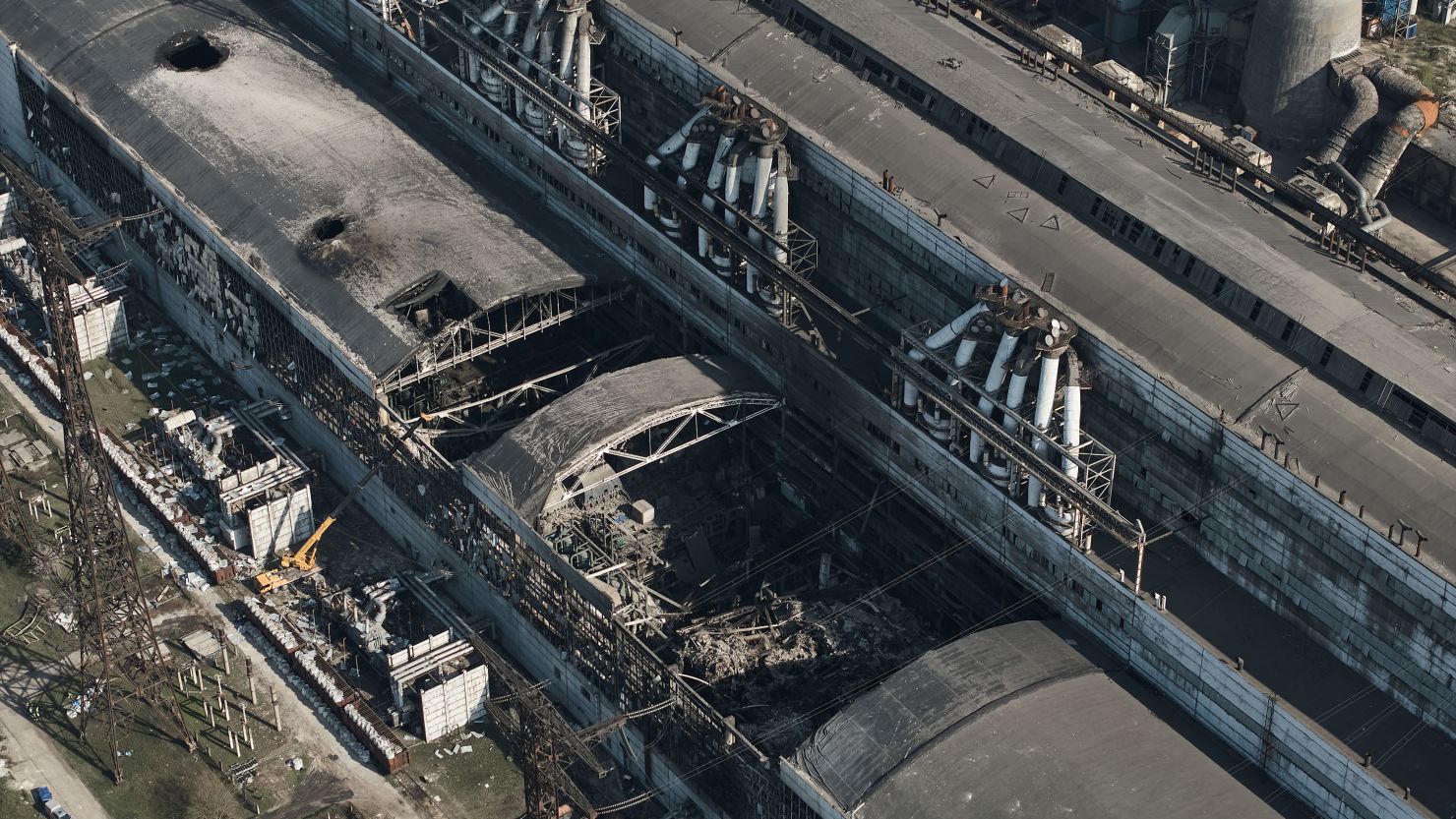 An aerial view of the destroyed engine room of Trypilska Thermal Power Plant after rocket fire on April 11, 2024