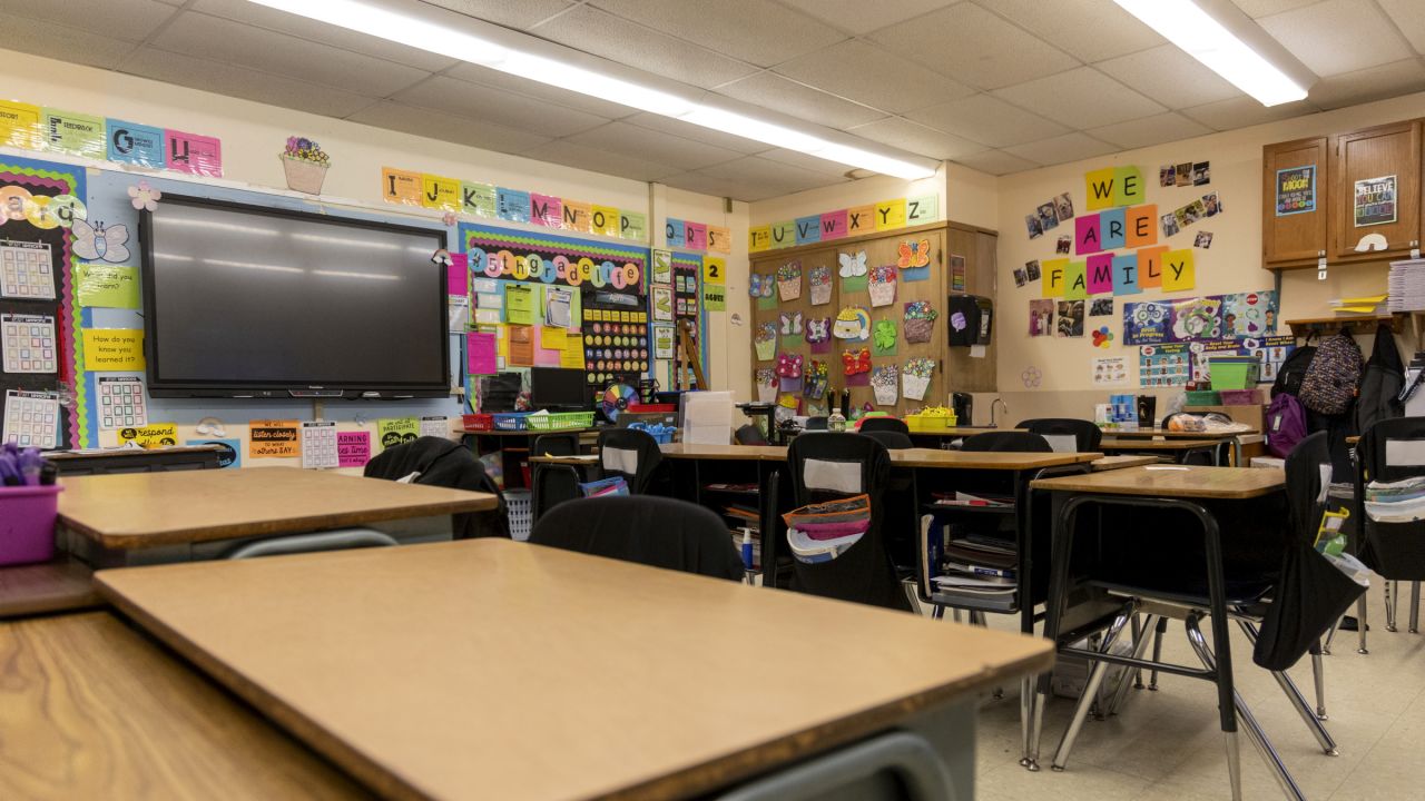 Uniondale, N.Y.: Empty classroom at Walnut Street Elementary on Apr. 3, 2024 in Uniondale, New York. (Photo by Howard Schnapp/Newsday RM via Getty Images)