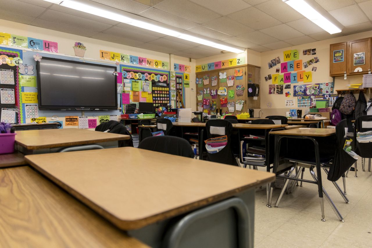 An empty classroom at Walnut Street Elementary in Uniondale, New York, on April 3.