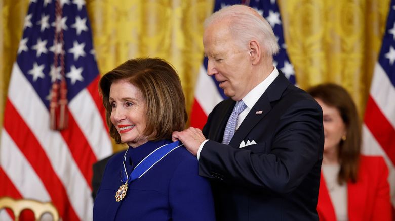 President Joe Biden awards the Medal of Freedom to former Speaker of the House Nancy Pelosi during a ceremony in the East Room of the White House on May 3, 2024 in Washington, DC. Biden awarded the Presidential Medal of Freedom, the Nation's highest civilian honor, to 19 individuals including political leaders, civil rights icons and other influential cultural icons.