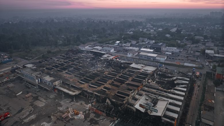 KHARKIV, UKRAINE - MAY 26: A aerial view of the destroyed contruction hypermarket "Epicentr" at dawn on May 26, 2024 in Kharkiv, Ukraine. Russia launched a missile attack on the construction contruction hypermarket "Epicentr" in the middle of the working day. At the time of the rocket attack, there were 200 people in the hypermarket. As of the morning of May 26, 11 dead and 15 missing people are known. The State Emergency Service is carrying out work on the localization of the fire and the search for the dead visitors of the supermarket. (Photo by Kostiantyn Liberov/Libkos/Getty Images)