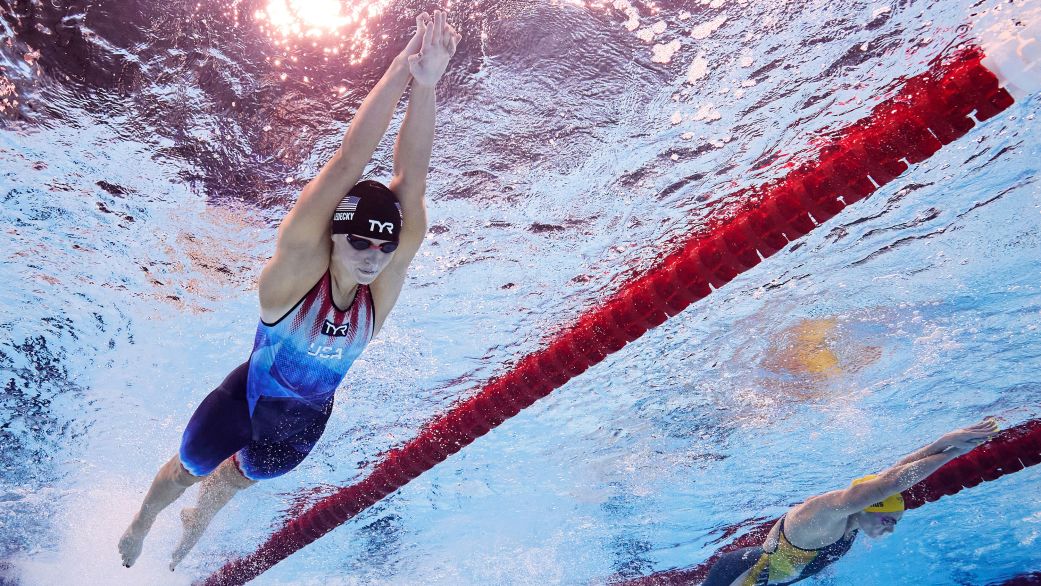 NANTERRE, FRANCE - AUGUST 03: (EDITORS NOTE: Image was captured using an underwater robotic camera.) Katie Ledecky of Team United States and Ariarne Titmus of Team Australia compete in the Women's 800m Freestyle Final on day eight of the Olympic Games Paris 2024 at Paris La Defense Arena on August 03, 2024 in Nanterre, France. (Photo by Maddie Meyer/Getty Images)