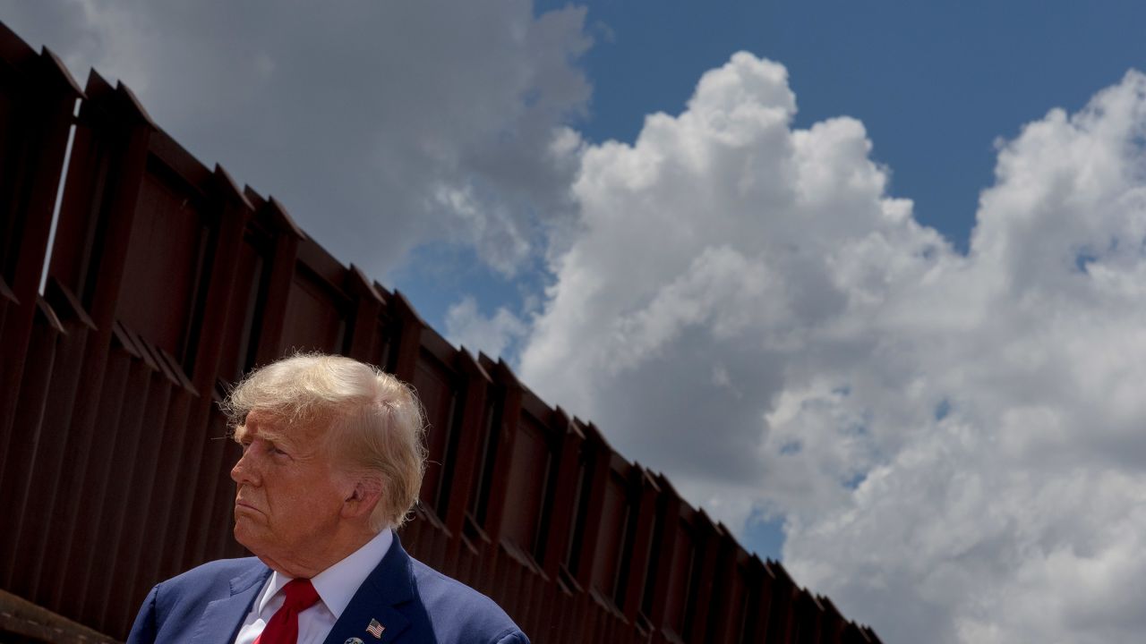 Donald Trump speaks to journalists at the U.S.-Mexico border in Montezuma Pass, Arizona, on August 22, 2024.