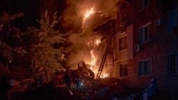 Rescuers work at the site of a residential building hit by a Russian missile in Kyiv, Ukraine, on Thursday, August 28.