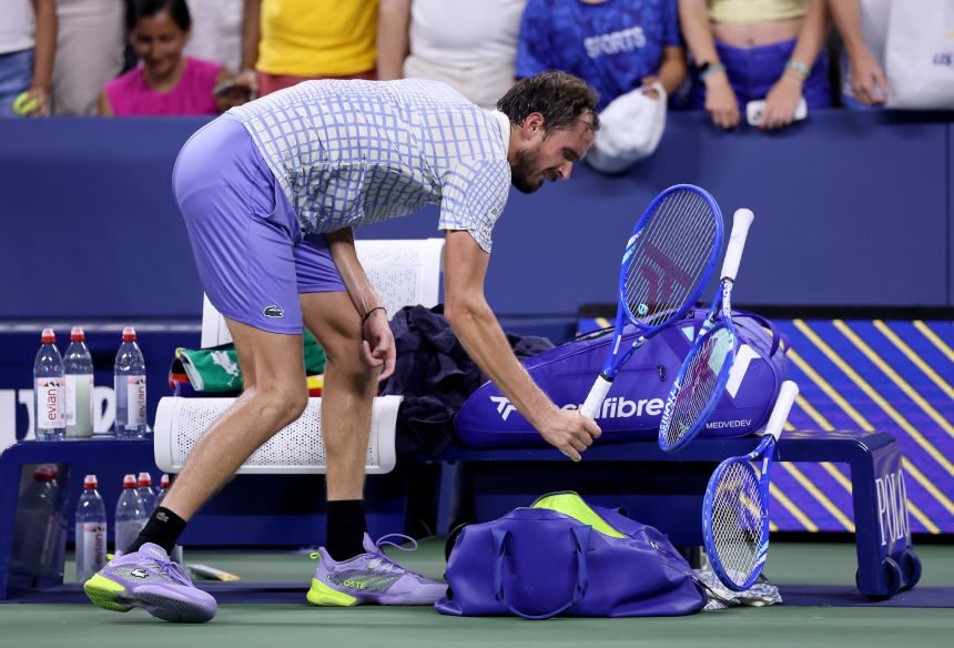 Daniil Medvedev broke his racket in anger after his first round loss.