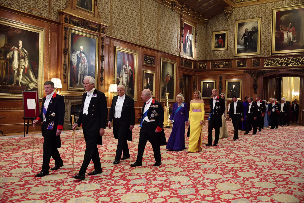 US President Donald Trump; King Charles III; Queen Camilla; First Lady Melania Trump; Prince William, Prince of Wales; Catherine, Princess of Wales; and American businessman Michael Boulos enter for Wednesday's banquet.