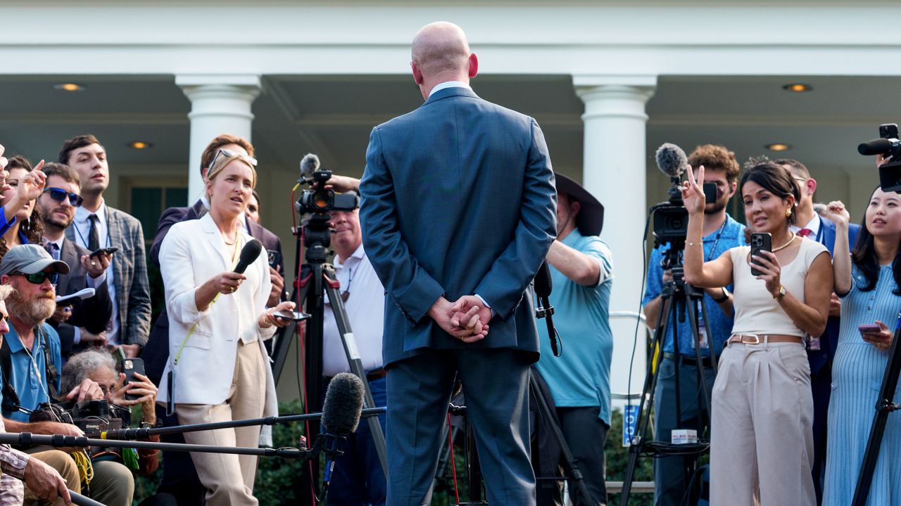 Stephen Miller, deputy White House chief of staff for policy, speaks to members of the media outside the White House on October 6.