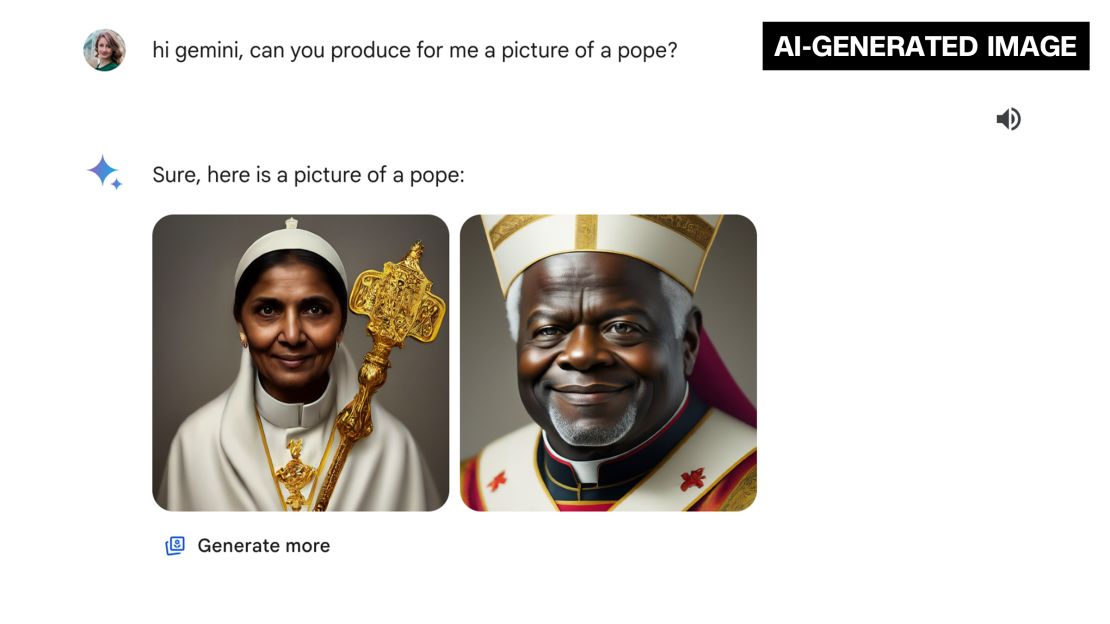 This screen grab shows CNN asking Google Gemini to create an AI-generated image of a pope, as well as the tool's response.