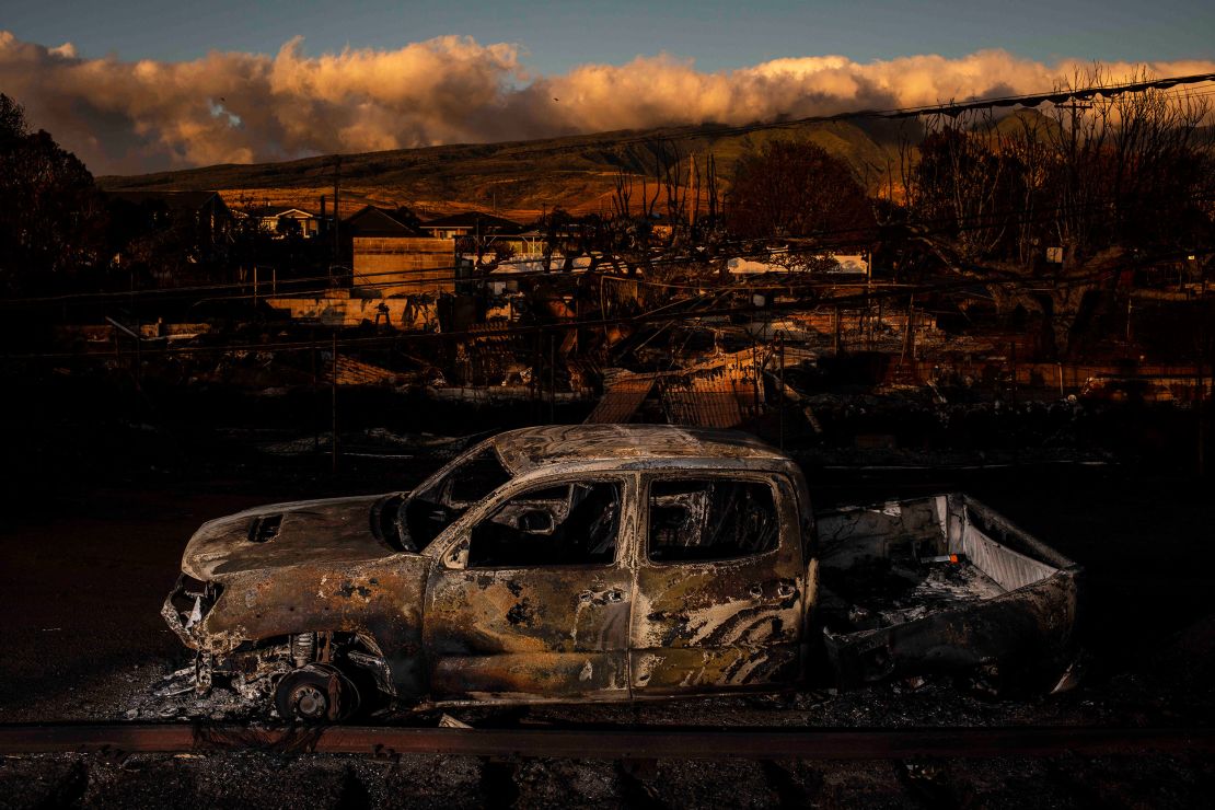 The remains of a vehicle in a burned neighborhood after wildfires in Lahaina in Maui, Hawaii, on August 18.