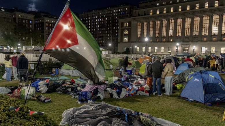 A Palestinian flag at the pro-Palestinian encampment on the lawn at Columbia University in New York, late Thursday, April 25, 2024. (Juan Arredondo/The New York Times)
