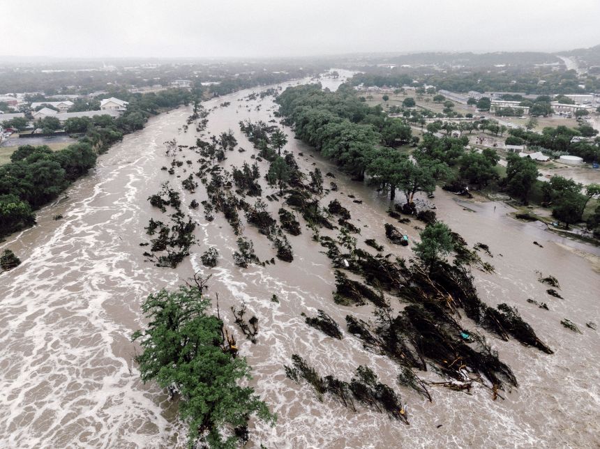 The Guadalupe River overflows in Kerrville, Texas, on Friday, July 4.