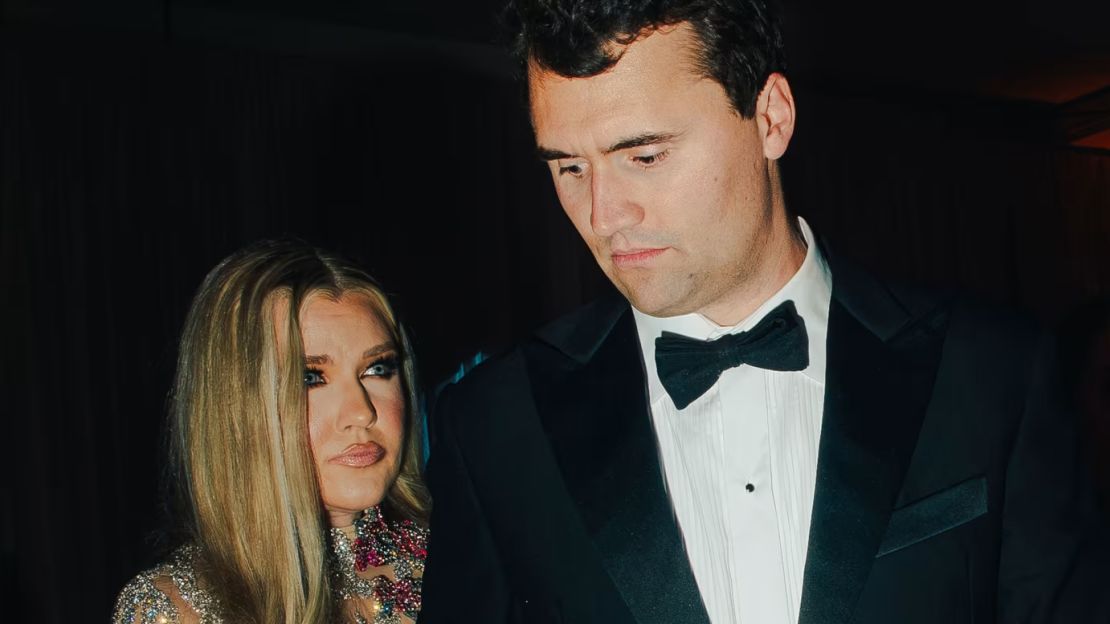 Erika Kirk with her husband, Charlie Kirk, at the inaugural Turning Point USA dance in Washington on January 19.