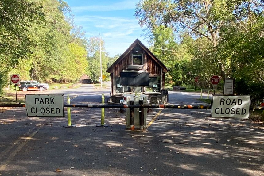The closed main entrance and only vehicle entrance to Great Falls Park, seen on Friday.
