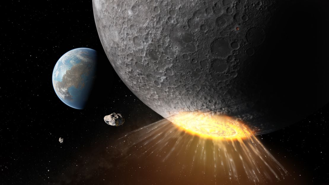 The impression of an artist describes the collision of a celestial object with the lunar surface near the southern pole of the moon, creating the Schrödinger impact basin.