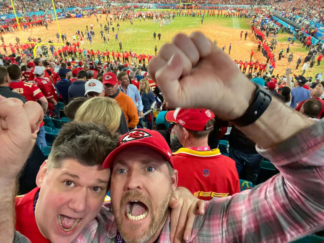 Friends Mike Ryan and Chris Jeter cheer while attending the 2020 Super Bowl.