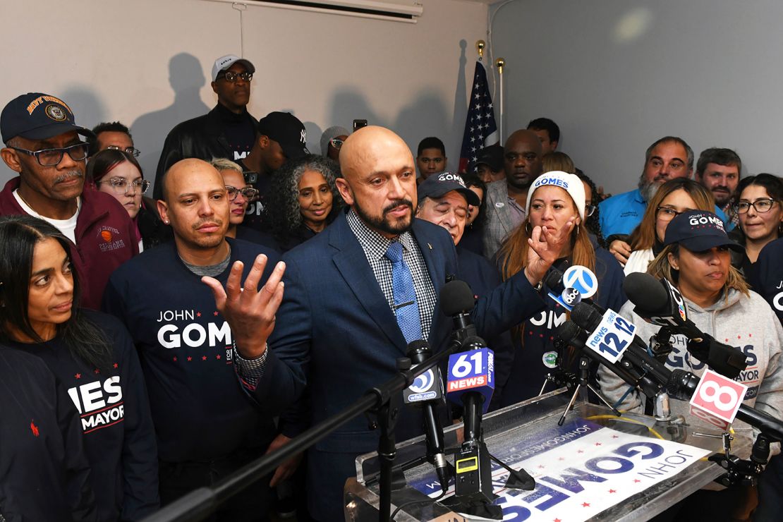 John Gomes, a Democratic candidate for Bridgeport Mayor, speaks to supporters at his election night headquarters in Bridgeport, Conn. Nov. 7, 2023.