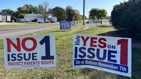 Signs for and against the Ohio abortion-related ballot measure are seen in front of the Greene County Board of Elections in Xenia on October 11, 2023.