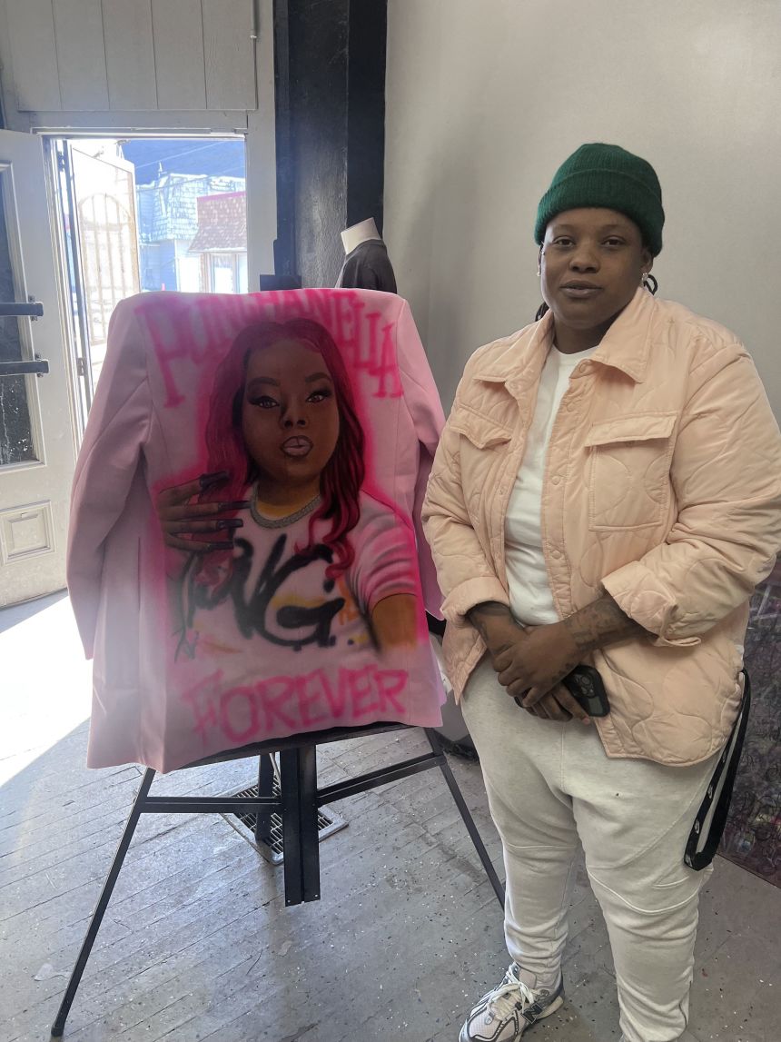 Patricia Bender pictured with a custom airbrushed jacket of Tahiry Broom in Cleveland, Ohio, on Feb 21, 2025.