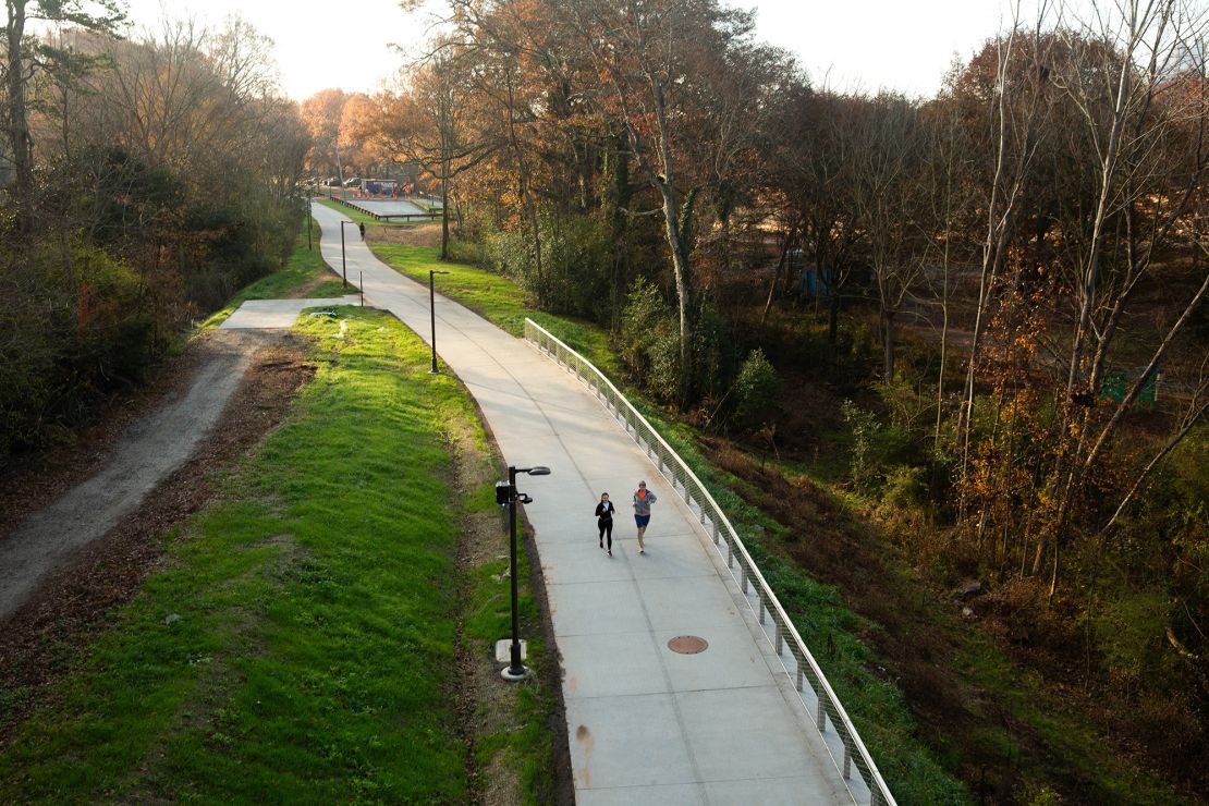 Madeline and David run along the Beltline in Atlanta.