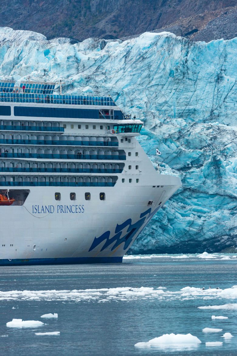 A cruise ship passes in front of Margerie Glacier in Glacier Bay in 2019.