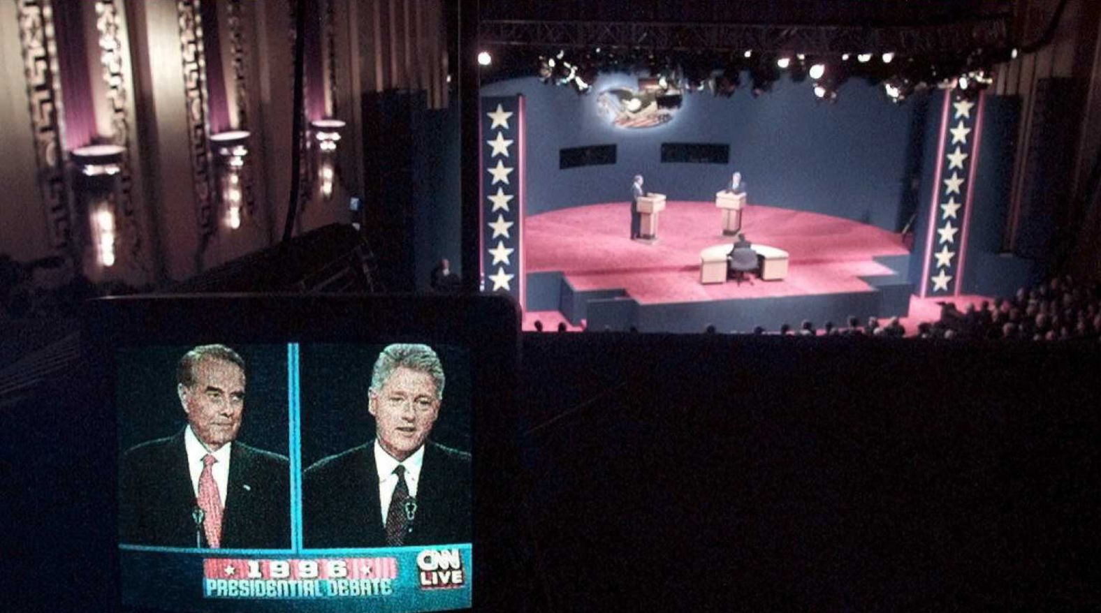 Clinton and Bob Dole debate each other at the Bushnell Memorial Theater in Hartford, Connecticut, in 1996.