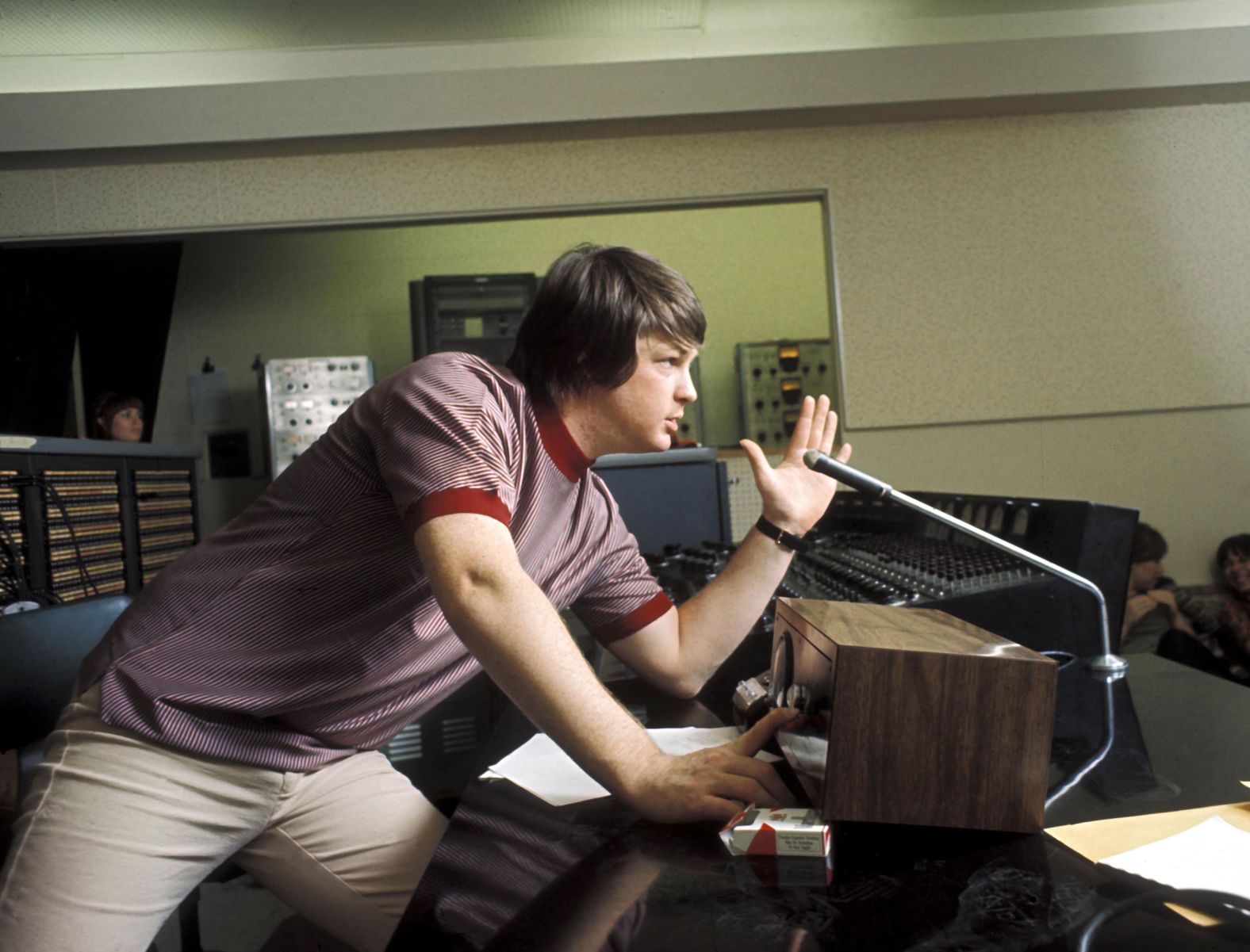 Wilson speaks from the control room while recording "Pet Sounds" in the studio.