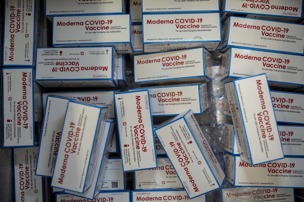 Boxes of the Moderna COVID-19 vaccine are seen in freezers at Kedren Community Health Center in Los Angeles, California, on May 13.