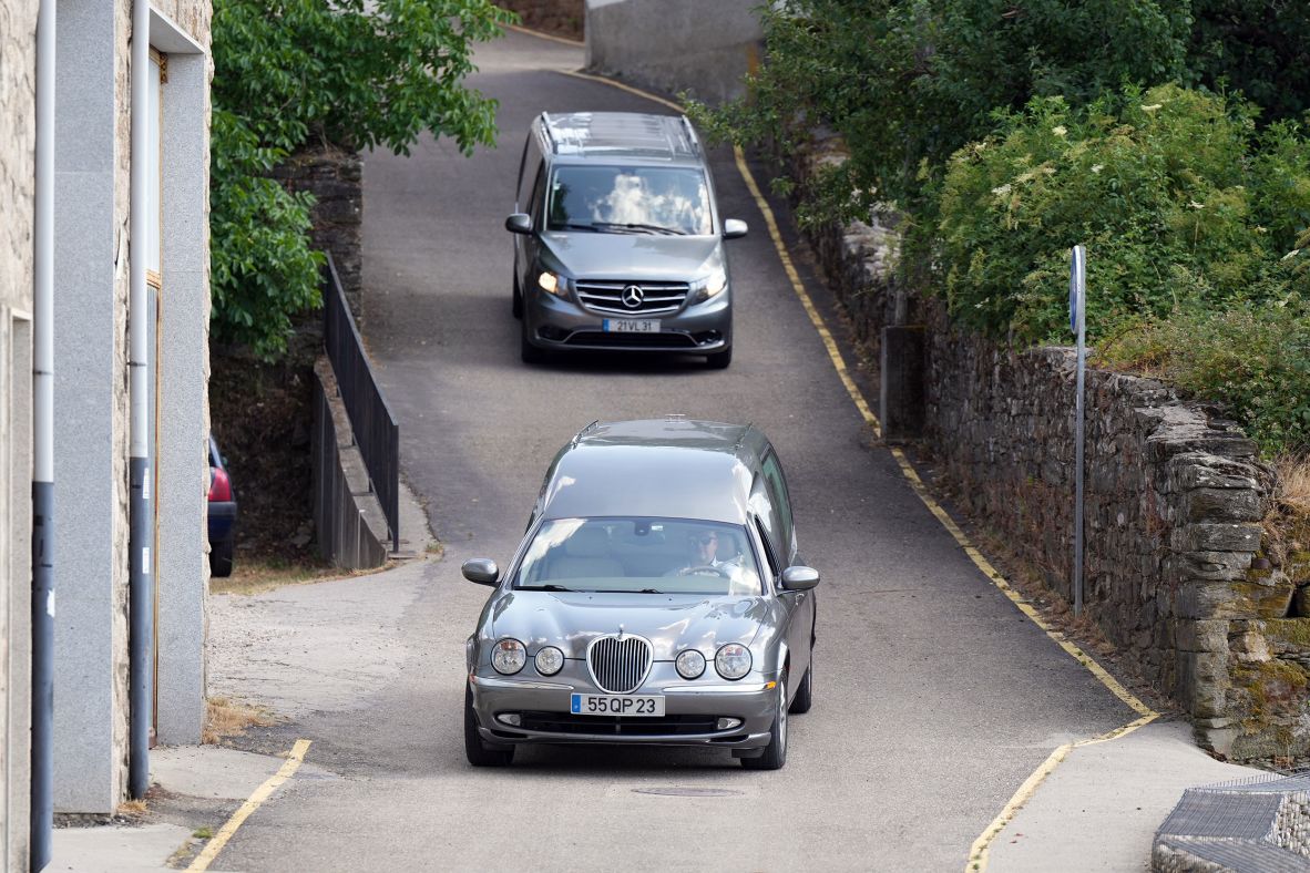 Hearses arrive at the funeral home in Puebla de Sanabria, Spain, where Jota and Silva were taken following their crash on Thursday, July 3.