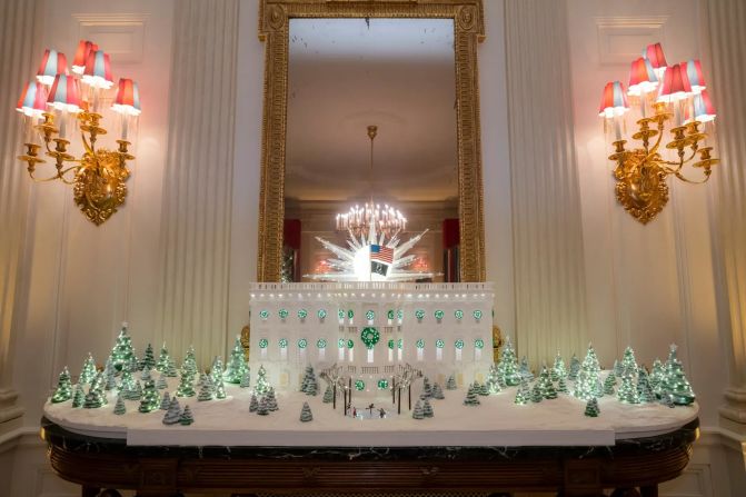 The annual Gingerbread White House sits in the State Dining Room.