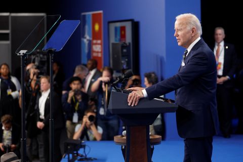 U.S. President Joe Biden holds a news conference before departing the NATO summit at the IFEMA arena in Madrid, Spain, on June 30.