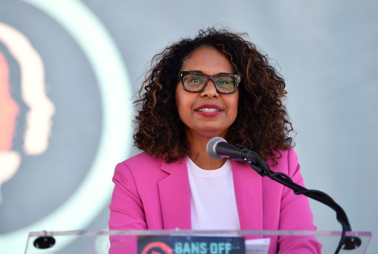 Sydney Kamlager speaks at a Bans Off Our Bodies rally in Los Angeles on May 14. 