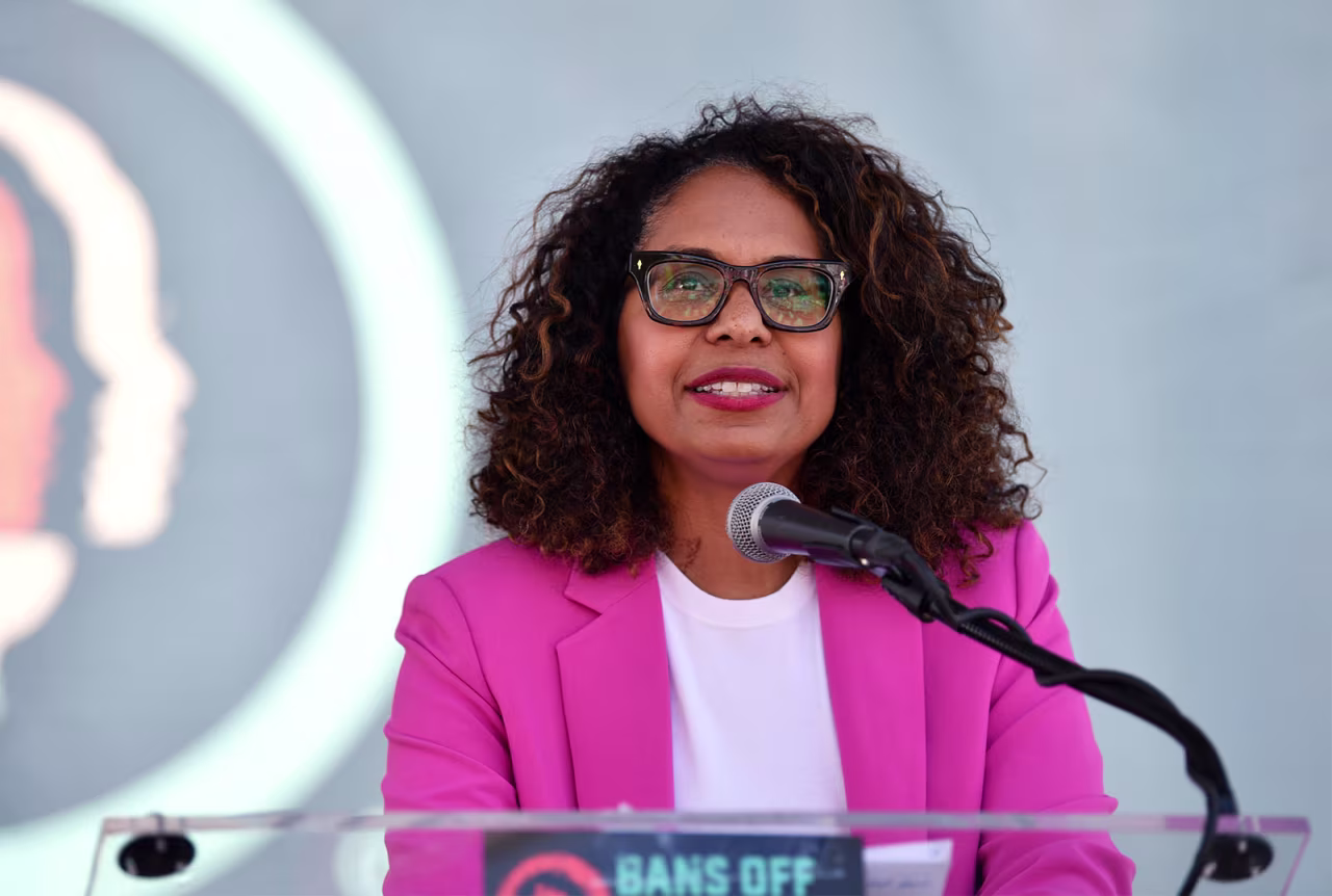 Sydney Kamlager speaks at a Bans Off Our Bodies rally in Los Angeles on May 14. 
