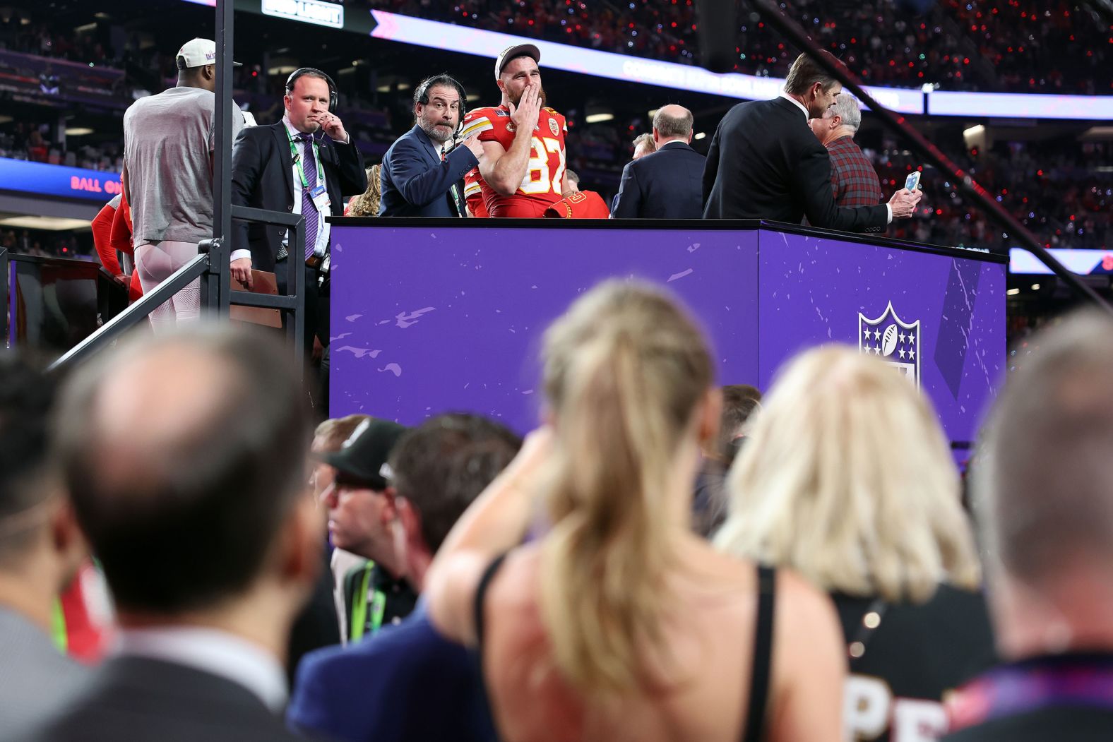 Kelce blows a kiss to Swift after the Super Bowl in February 2024.