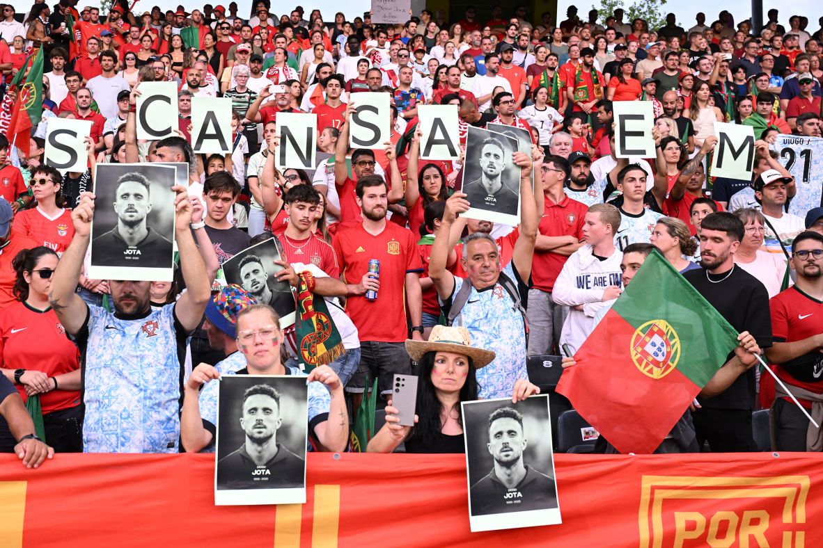 Portugal fans show support for Jota during a Women's Euro 2025 match in Bern, Switzerland, on Thursday.