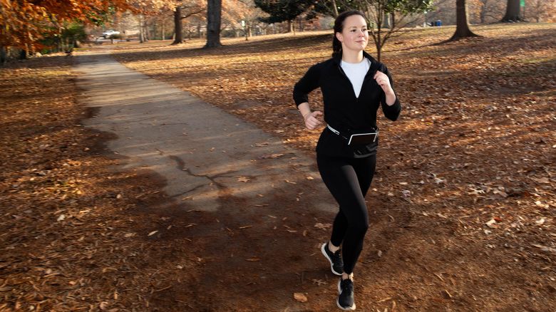 Madeline Holcombe poses running at Piedmont Park in Atlanta on December 17, 2024. 