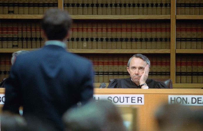 Souter listens to opening comments during the Ames Moot Court final competition at Harvard University in 1991.