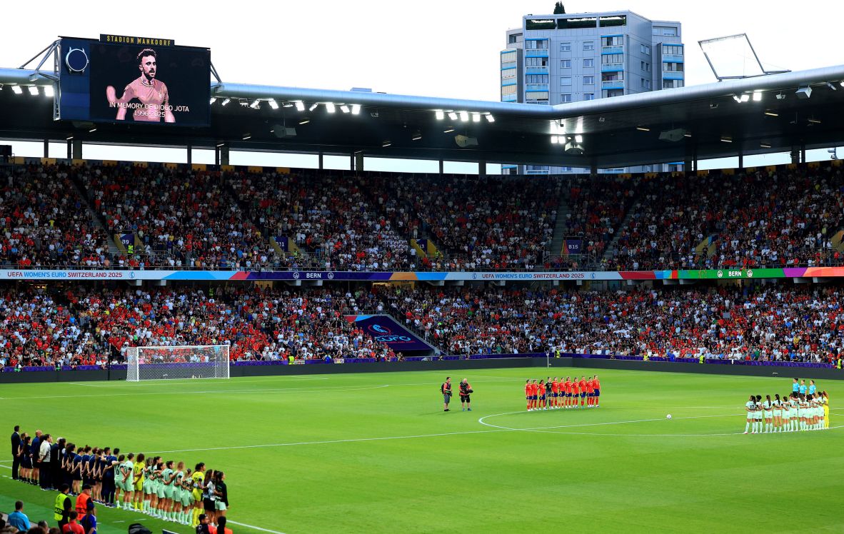 A moment of silence is held Thursday before the Euro 2025 match between Spain and Portugal.
